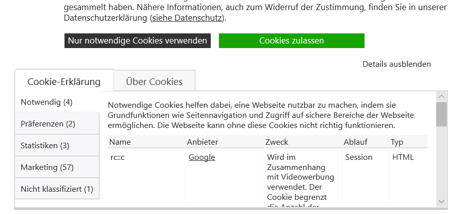 Medipak_Systems Aufgeklapptes Cookie Banner durch Klick auf "Details anzeigen"