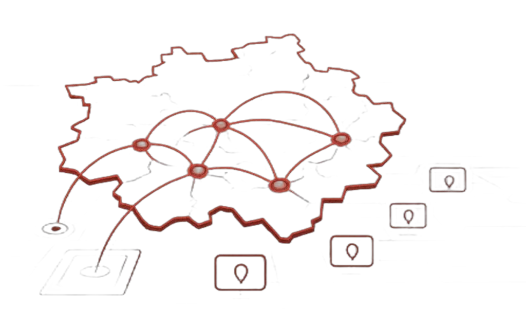 Illustration eines vernetzten Ruhrgebiets mit Sicherheitssymbol zeigt Datenschutzberatung und Datensicherheit vor Ort
