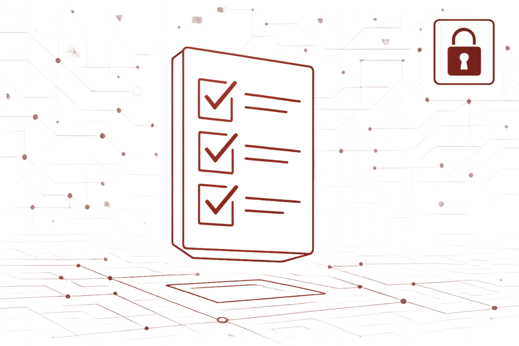 Abstraktes Motiv in Rot zeigt eine digitale Aufgabenliste mit drei Häkchen als Zeichen für erfolgreiche IT-Compliance