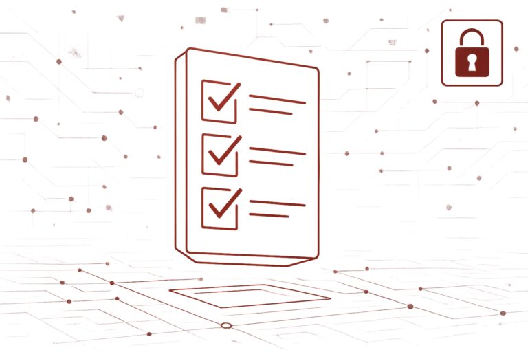 Abstraktes Motiv in Rot zeigt eine digitale Aufgabenliste mit drei Häkchen als Zeichen für erfolgreiche IT-Compliance