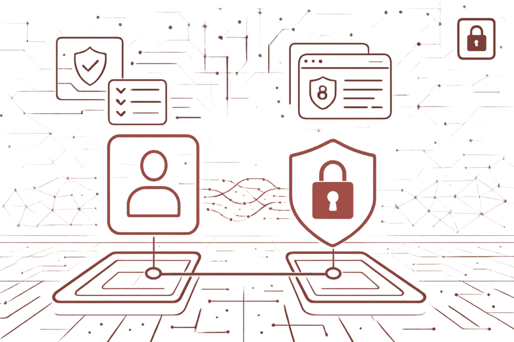 Abstrakte Grafik in Rot mit vernetztem Benutzersymbol und Schutzschild, steht für Datensicherheit und Cybersecurity