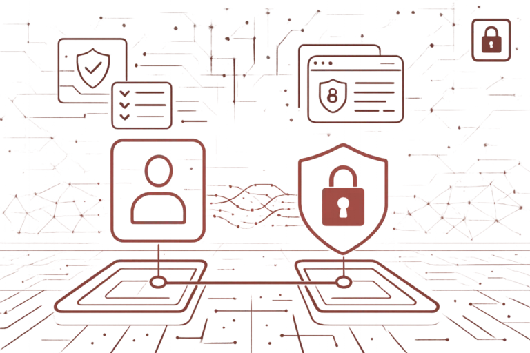 Abstrakte Grafik in Rot mit vernetztem Benutzersymbol und Schutzschild, steht für Datensicherheit und Cybersecurity