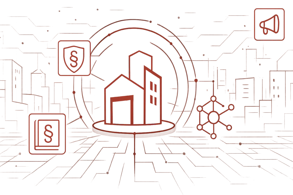 Abstrakte rote Illustration mit Gebäudesymbol, Paragraphen und Netzwerksymbolen als Darstellung von Unternehmens-Compliance und Governance