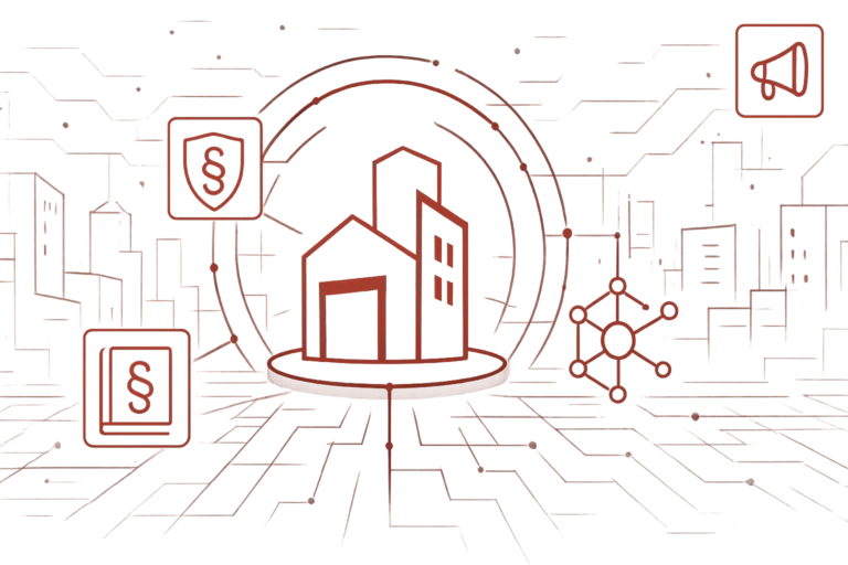 Abstrakte rote Illustration mit Gebäudesymbol, Paragraphen und Netzwerksymbolen als Darstellung von Unternehmens-Compliance und Governance