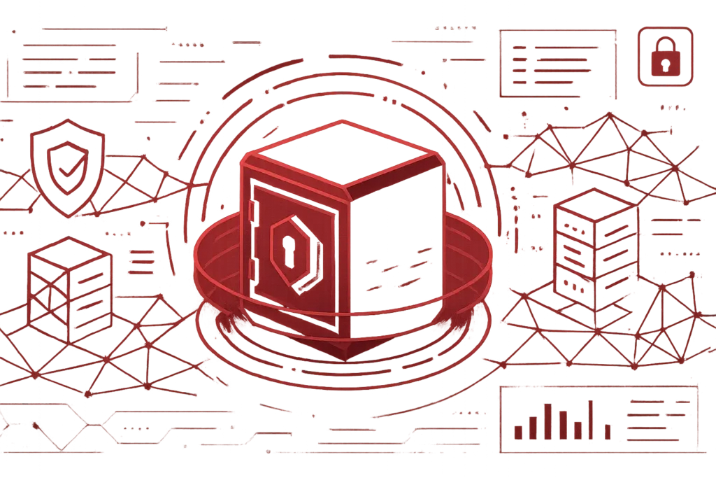 Rote Illustration eines digitalen Tresors mit Schloss, umgeben von Netzwerken und Servern als Symbol für Datensicherung und IT-Schutz