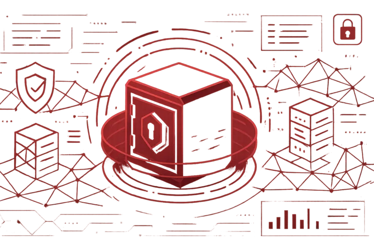 Rote Illustration eines digitalen Tresors mit Schloss, umgeben von Netzwerken und Servern als Symbol für Datensicherung und IT-Schutz