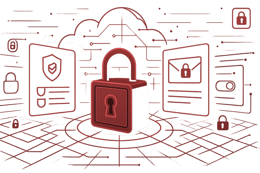 Illustration eines Vorhaengeschlosses mit Cloud-Hintergrund steht fuer Cybersicherheit und geschuetzte Online-Daten