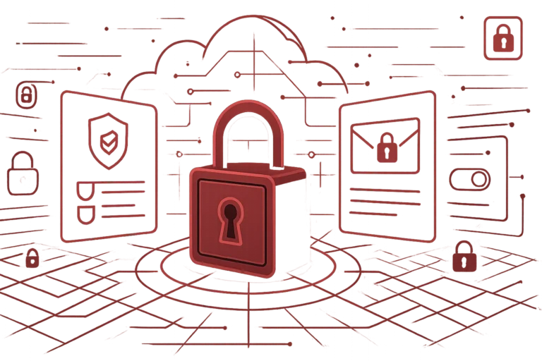 Illustration eines Vorhaengeschlosses mit Cloud-Hintergrund steht fuer Cybersicherheit und geschuetzte Online-Daten