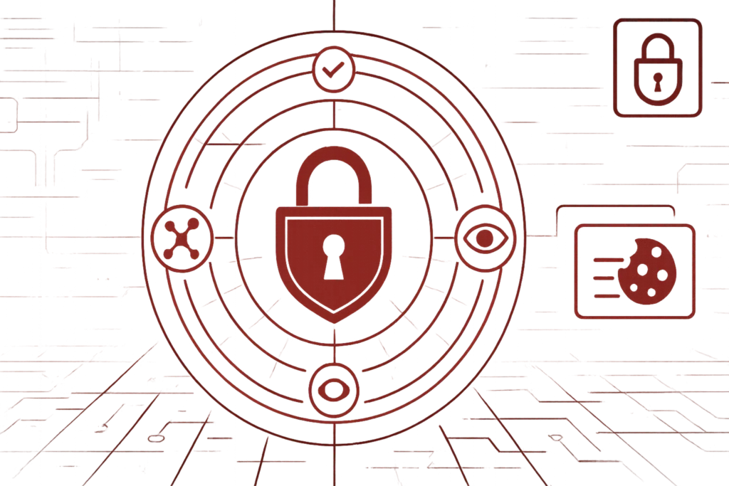 Abstrakte Darstellung mit Schloss und Datenschutz-Icons betont Sicherheit von Cookies und Nutzerdaten