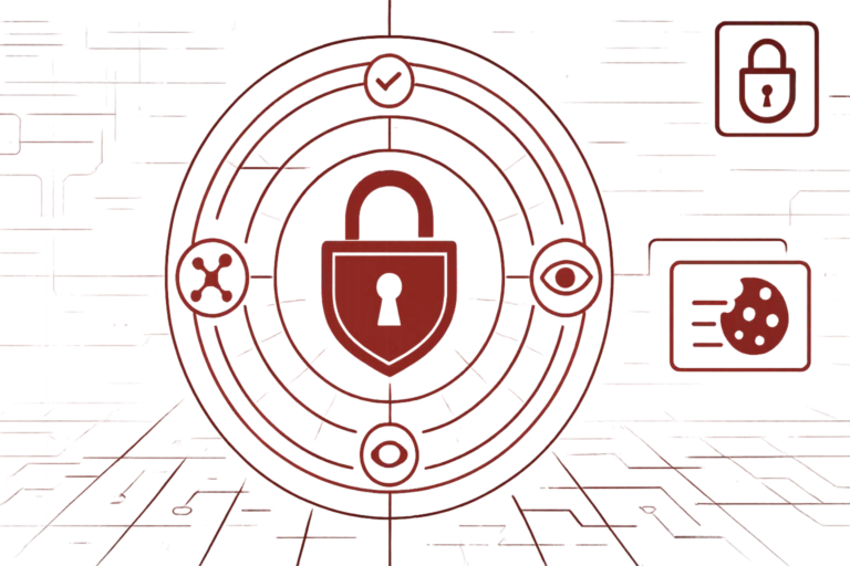Abstrakte Darstellung mit Schloss und Datenschutz-Icons betont Sicherheit von Cookies und Nutzerdaten
