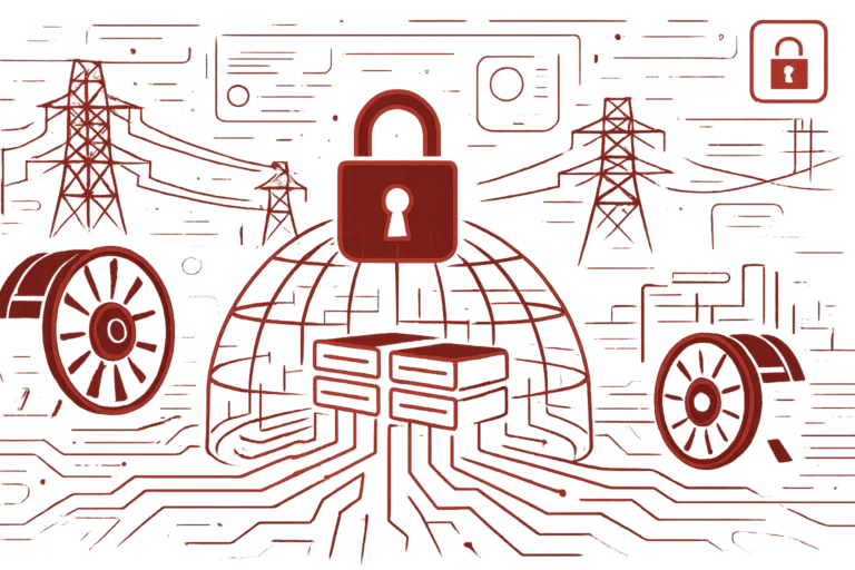 Rotes digitales Motiv mit Schloss-Symbol über Servern und Strommasten zeigt Schutz kritischer Infrastrukturen und Netzwerksicherheit im Energiesektor