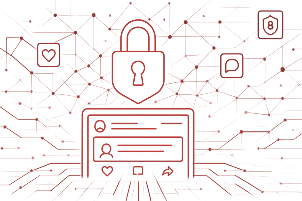 Rote Illustration mit Schloss und Social-Media-Symbolen als Konzept für Datenschutz und Privatsphäre in Online-Netzwerken