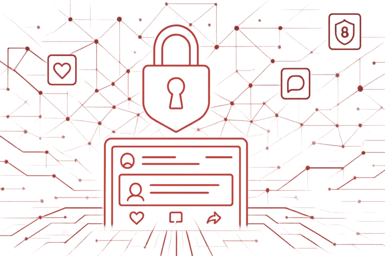 Rote Illustration mit Schloss und Social-Media-Symbolen als Konzept für Datenschutz und Privatsphäre in Online-Netzwerken