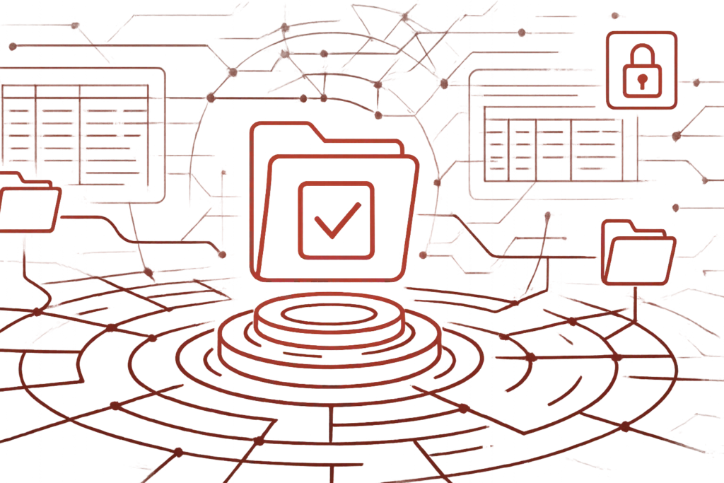 Abstrakte Grafik mit zentralem Datei-Icon und Netzwerkverbindungen, die Datenschutz und Cybersecurity visualisiert