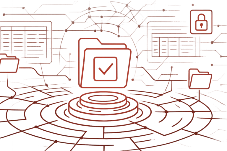 Abstrakte Grafik mit zentralem Datei-Icon und Netzwerkverbindungen, die Datenschutz und Cybersecurity visualisiert