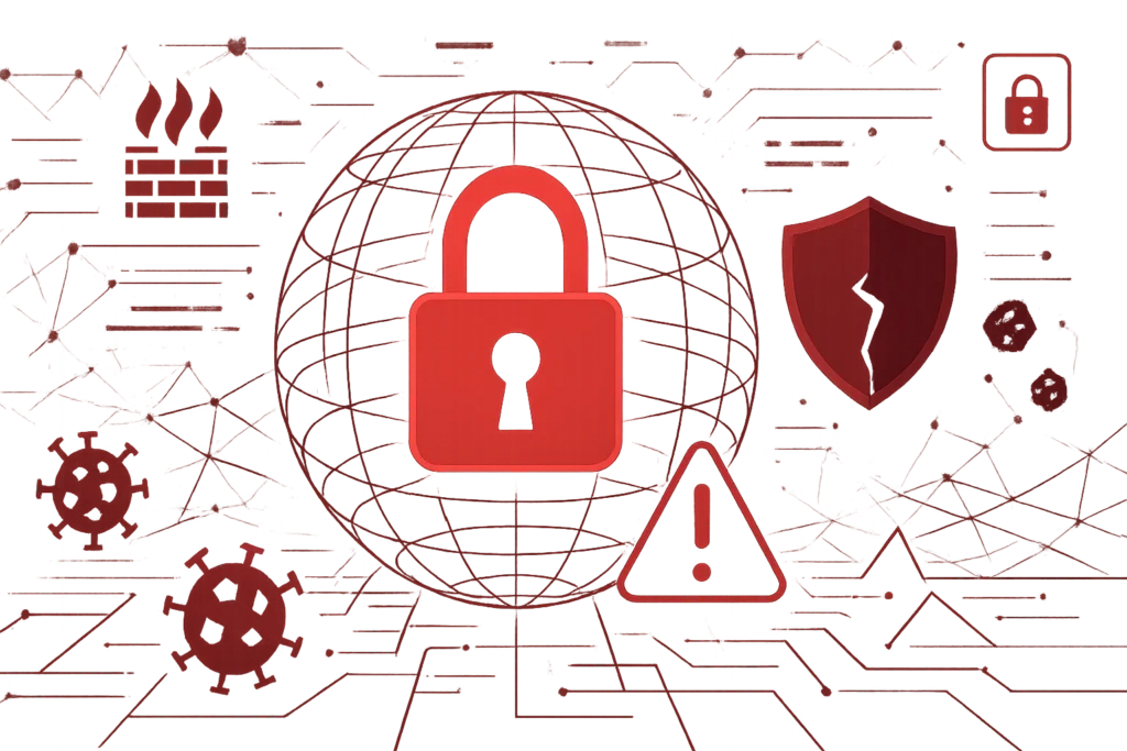 Digitale Darstellung mit Schloss und Schutzschild symbolisiert Abwehr von Cyberbedrohungen und Datenschutz