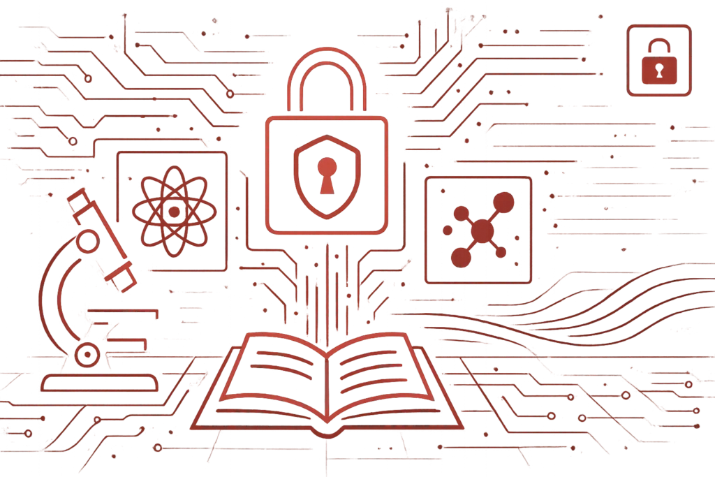 Illustration mit Buch, Schloss und wissenschaftlichen Symbolen wie Mikroskop und Atom, steht für Datenschutz und Sicherheit in der Forschung