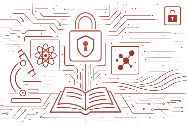 Illustration mit Buch, Schloss und wissenschaftlichen Symbolen wie Mikroskop und Atom, steht für Datenschutz und Sicherheit in der Forschung