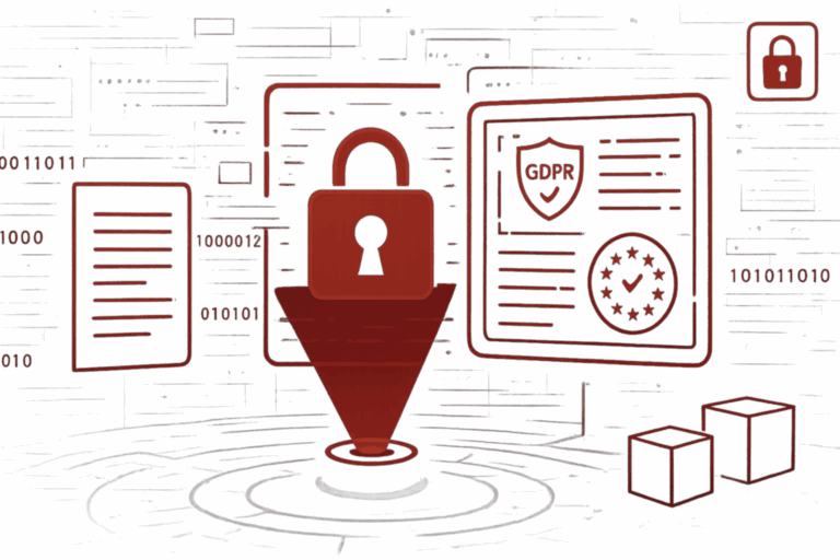 Grafik mit rotem Schloss und GDPR-Elementen als Symbol für Datenschutz, Datenverschlüsselung und Informationssicherheit