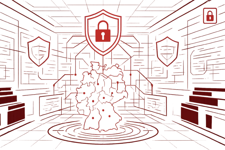 Abstraktes Motiv mit digital vernetzter Deutschlandkarte und Schutzschilden, steht für nationale IT-Sicherheitsinfrastruktur