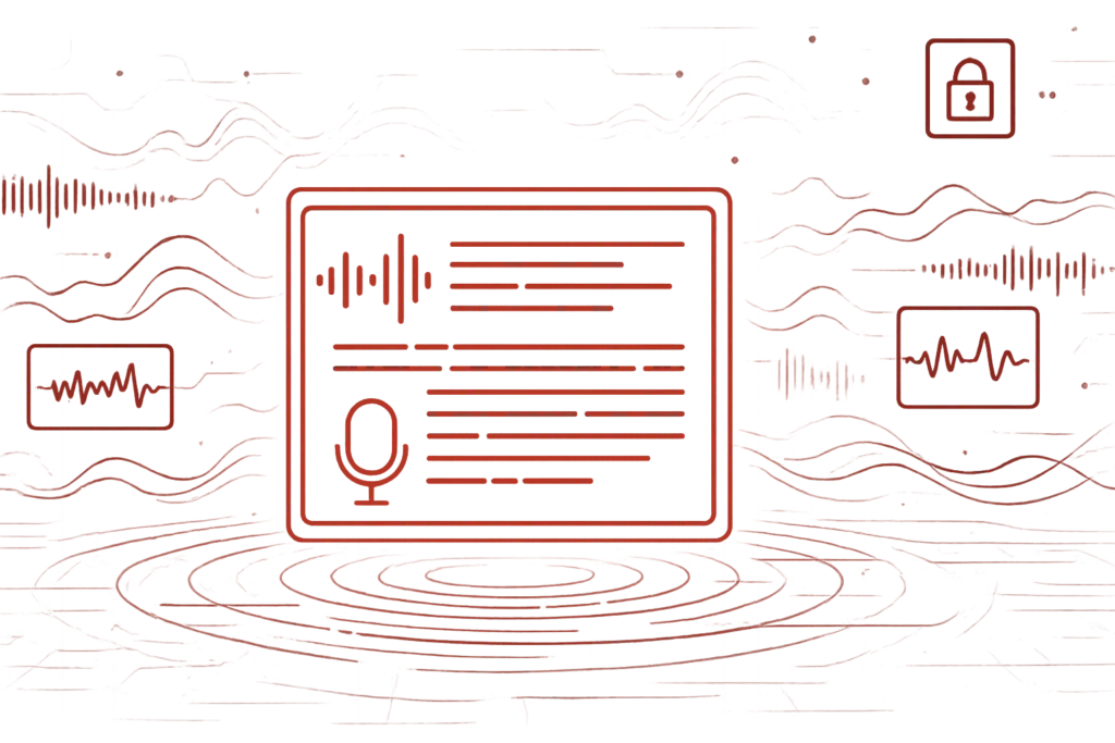 Digitale Grafik zeigt Mikrofon und Textfeld als Zeichen fuer KI gestuetzte Sprachverarbeitung mit Verschluesselung