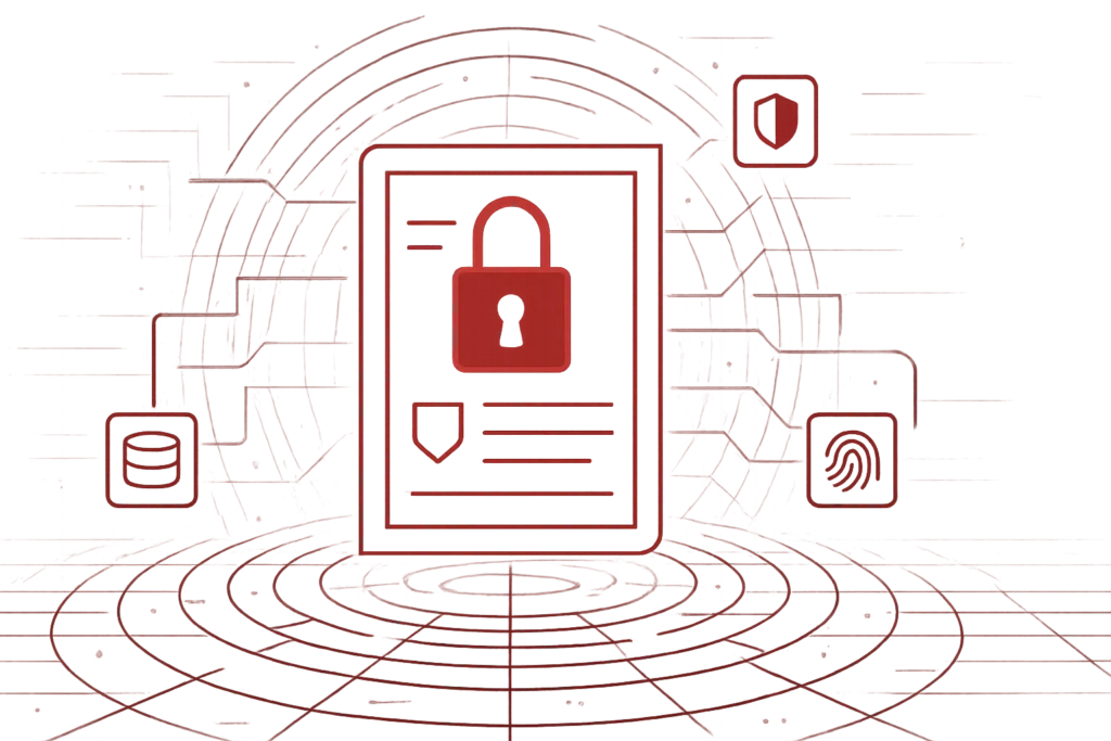 Abstrakte Grafik mit Schloss, Datenbank- und Fingerabdrucksymbol als Sinnbild für Zugriffskontrolle und IT-Sicherheit