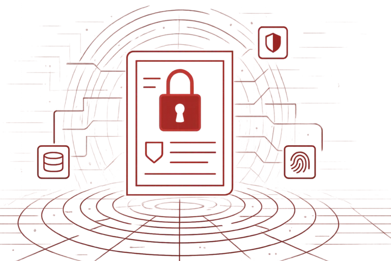 Abstrakte Grafik mit Schloss, Datenbank- und Fingerabdrucksymbol als Sinnbild für Zugriffskontrolle und IT-Sicherheit