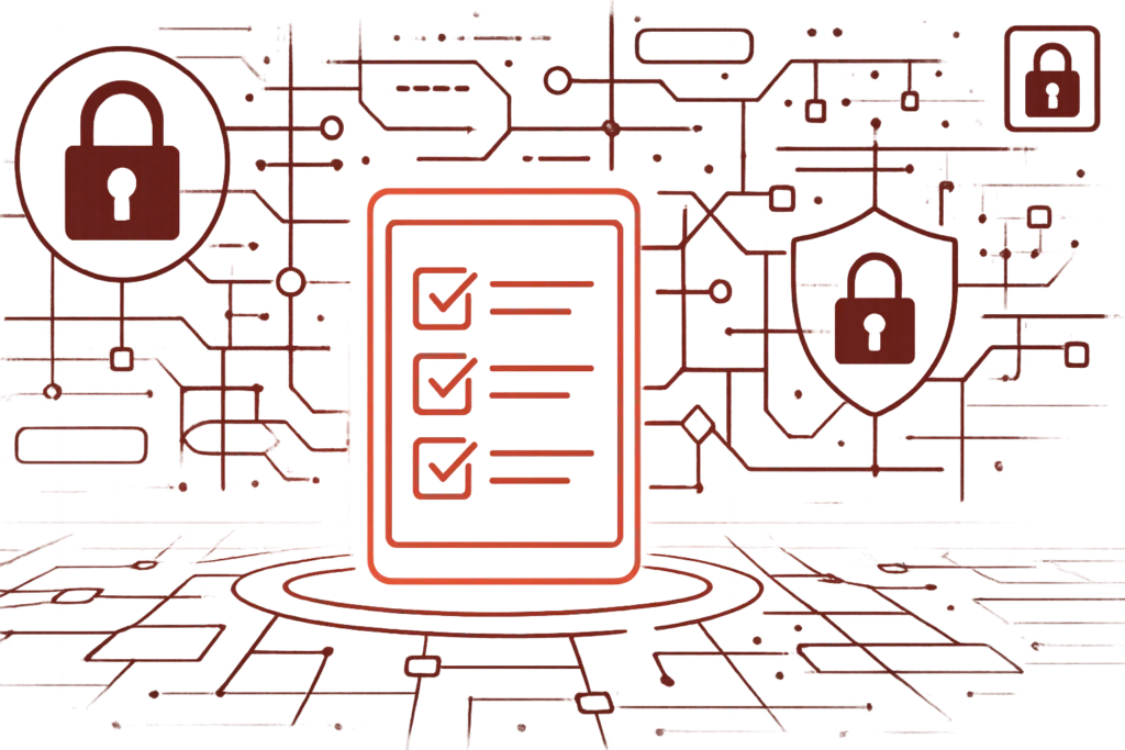 Abstrakte Darstellung eines digitalen Formulars mit Checkmarken und Schutzschild zeigt IT-Sicherheitskonzept und Datenschutz
