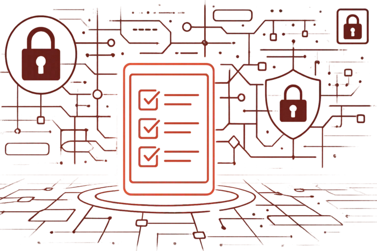 Abstrakte Darstellung eines digitalen Formulars mit Checkmarken und Schutzschild zeigt IT-Sicherheitskonzept und Datenschutz