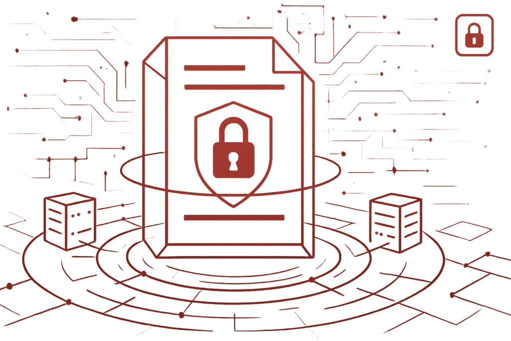 Illustration eines digitalen Dokuments mit Schloss-Symbol als Zeichen für Datensicherheit und verschlüsselte Serverkommunikation