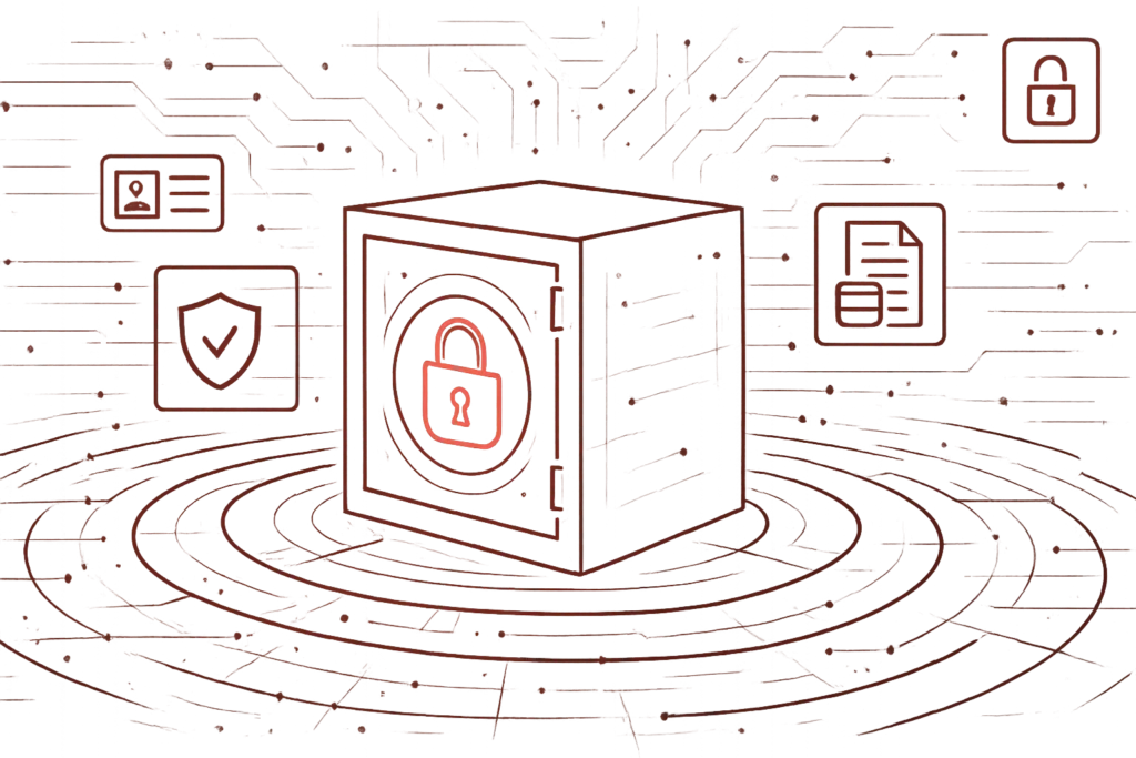 Rote Illustration eines digitalen Tresors mit Vorhängeschloss-Symbol steht für Datensicherheit und Verschlüsselung sensibler Informationen