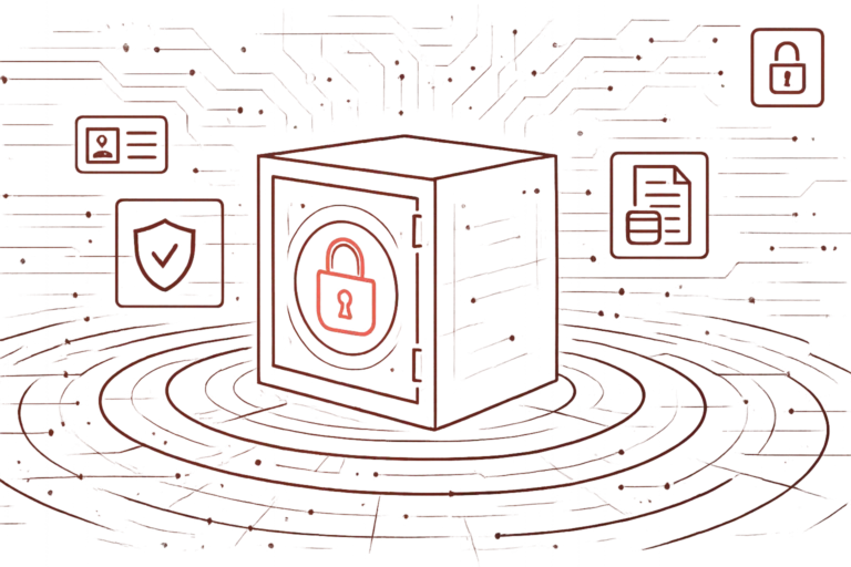 Rote Illustration eines digitalen Tresors mit Vorhängeschloss-Symbol steht für Datensicherheit und Verschlüsselung sensibler Informationen