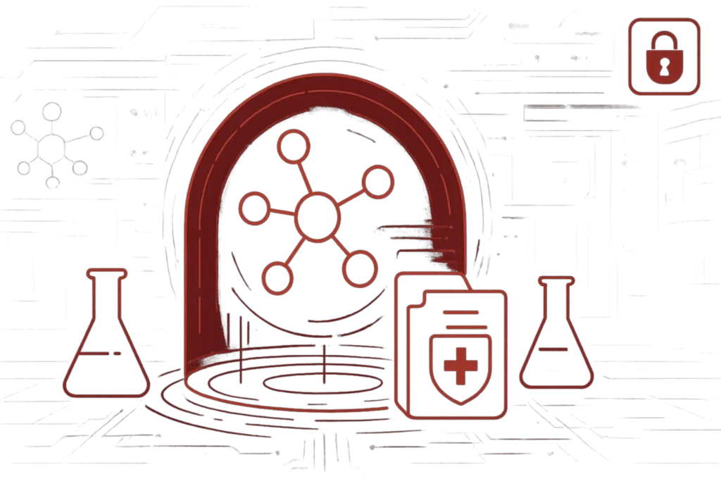 Digitale Grafik mit Netzwerkstruktur und Laborflaschen, stellvertretend für IT-Sicherheit im wissenschaftlichen Umfeld