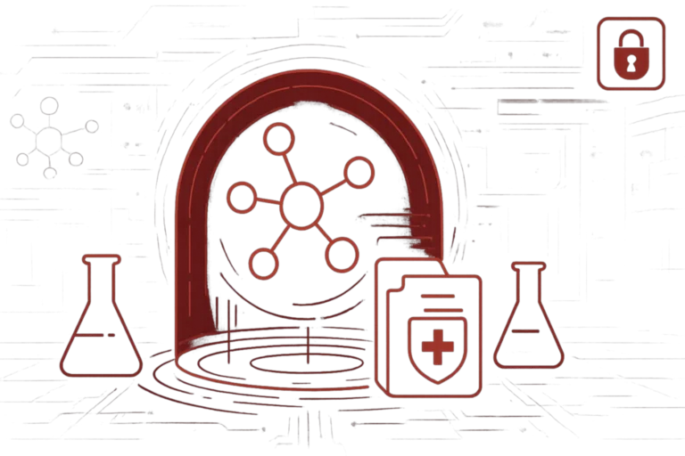 Digitale Grafik mit Netzwerkstruktur und Laborflaschen, stellvertretend für IT-Sicherheit im wissenschaftlichen Umfeld