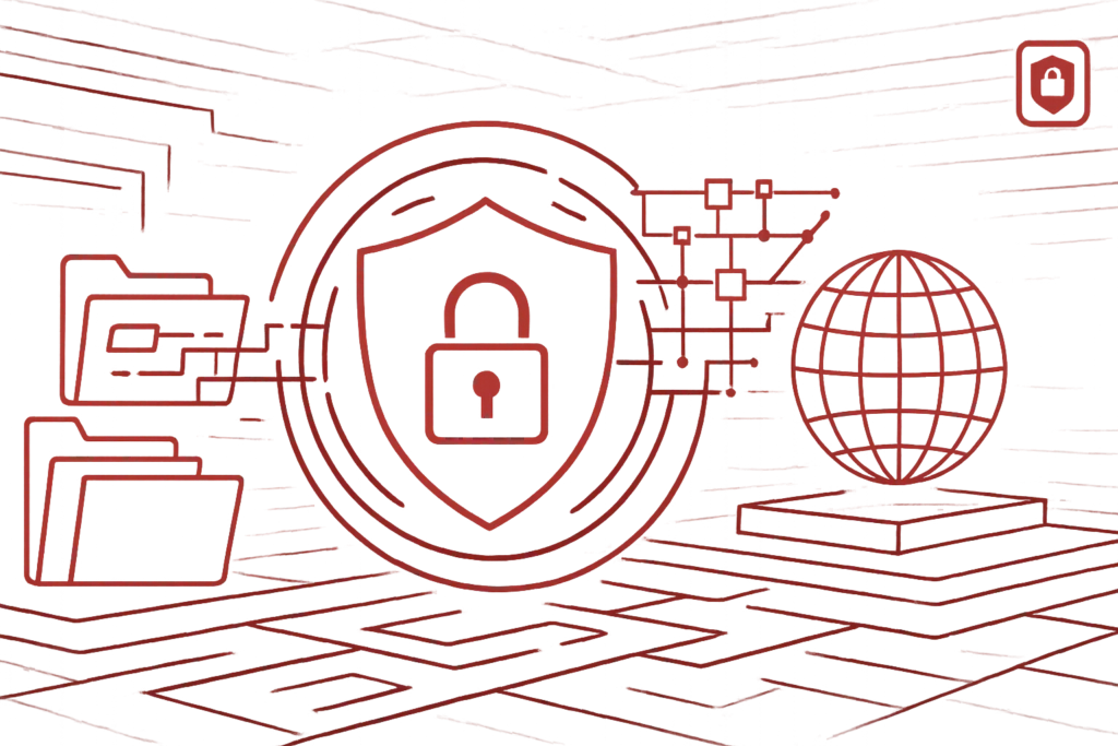 Digitales Schild mit Schloss und Netzwerkstruktur, Darstellung von Datenschutz und IT-Sicherheit im globalen Kontext