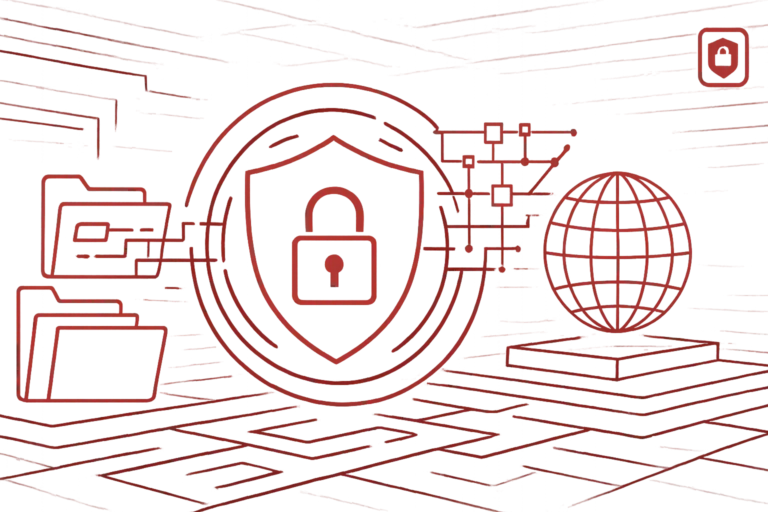 Digitales Schild mit Schloss und Netzwerkstruktur, Darstellung von Datenschutz und IT-Sicherheit im globalen Kontext