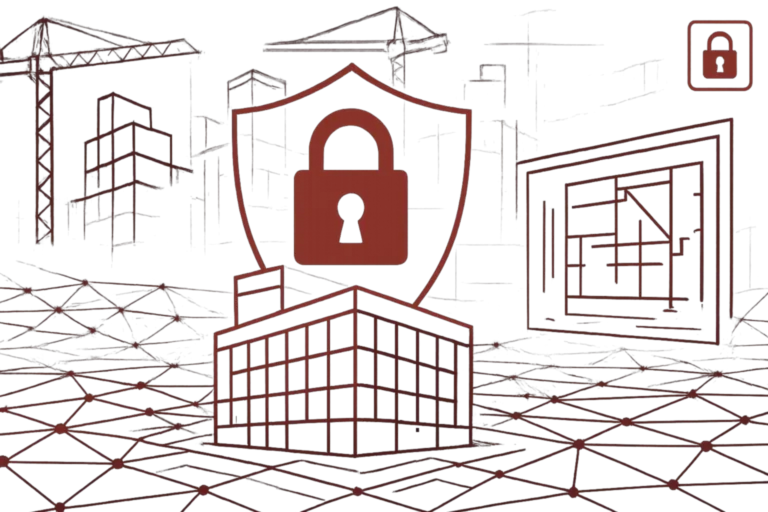 Rote Grafik mit Schloss und Gebäude, steht für Schutz digitaler Infrastruktur und IT-Sicherheit in der Bauindustrie