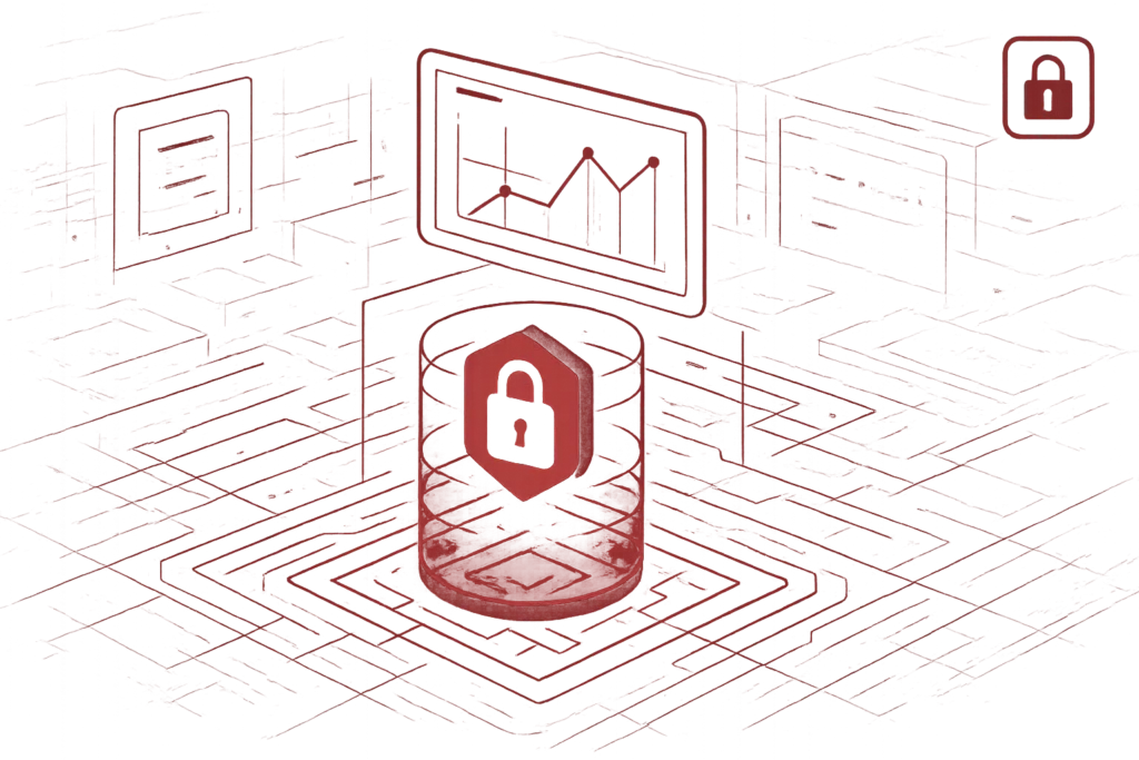 Abstrakte rote Grafik mit Datenbanksymbol und Schloss als Zeichen für IT-Sicherheit und Schutz sensibler Informationen