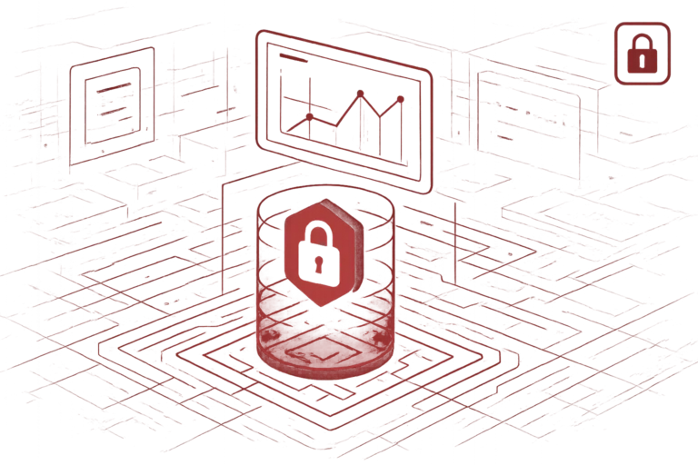 Abstrakte rote Grafik mit Datenbanksymbol und Schloss als Zeichen für IT-Sicherheit und Schutz sensibler Informationen