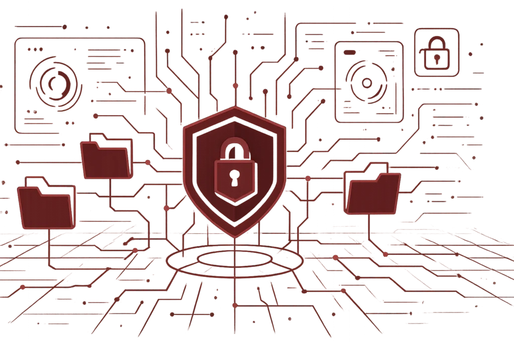 Abstraktes Sicherheitsmotiv mit Schild, Schloss und Datenpfaden zur Darstellung von Datenschutz und sicherer Dateiverwaltung