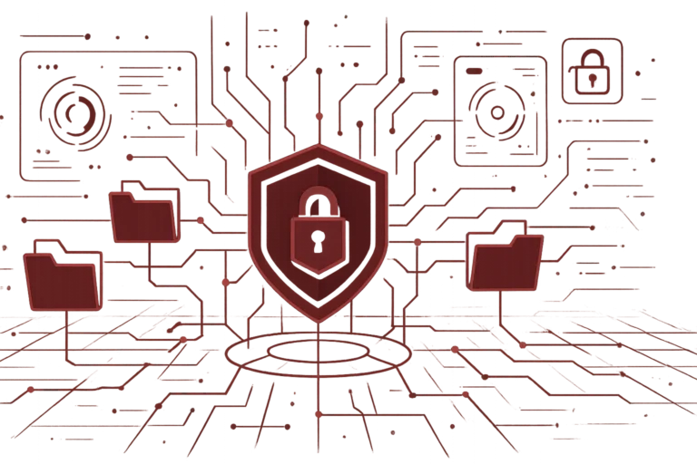 Abstraktes Sicherheitsmotiv mit Schild, Schloss und Datenpfaden zur Darstellung von Datenschutz und sicherer Dateiverwaltung