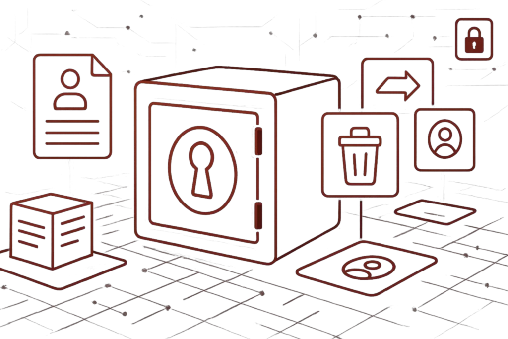 Abstraktes Sicherheitsmotiv mit Tresor, Datei- und Benutzer-Icons als Darstellung von Datenschutz und digitaler Sicherheit