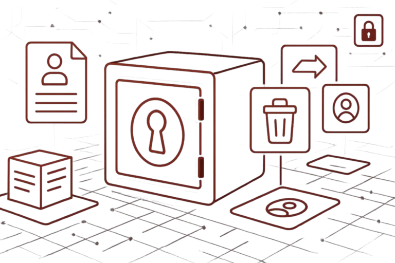 Abstraktes Sicherheitsmotiv mit Tresor, Datei- und Benutzer-Icons als Darstellung von Datenschutz und digitaler Sicherheit