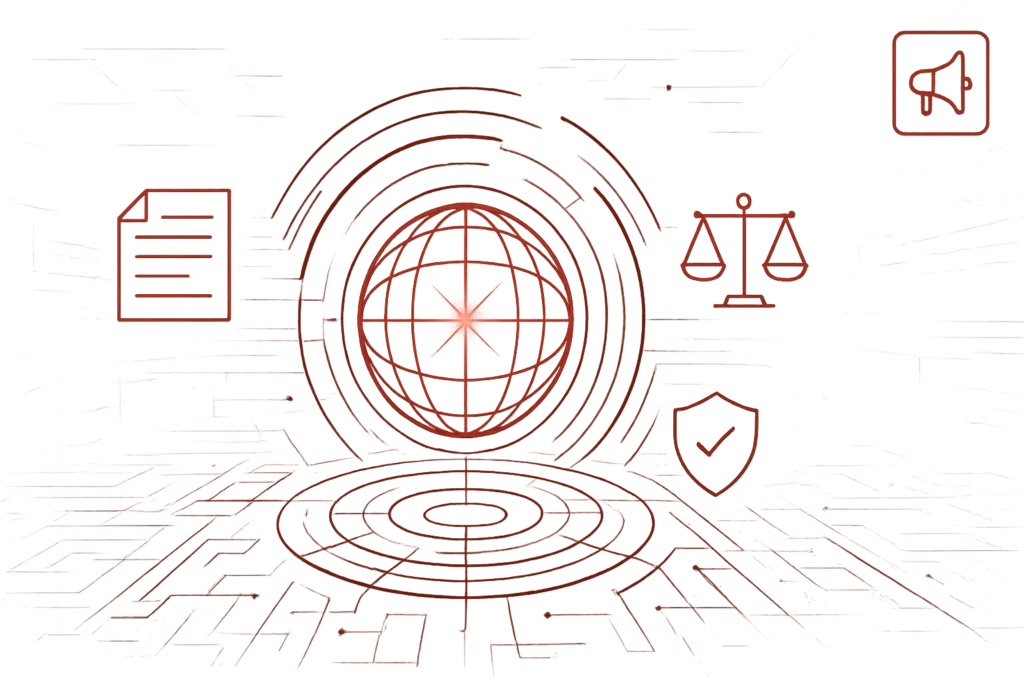 Abstrakte rote Illustration mit Globus, Waage und Schutzschild als Symbol für Compliance, Datenschutz und rechtssichere Kommunikation