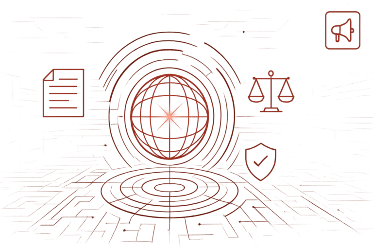 Abstrakte rote Illustration mit Globus, Waage und Schutzschild als Symbol für Compliance, Datenschutz und rechtssichere Kommunikation