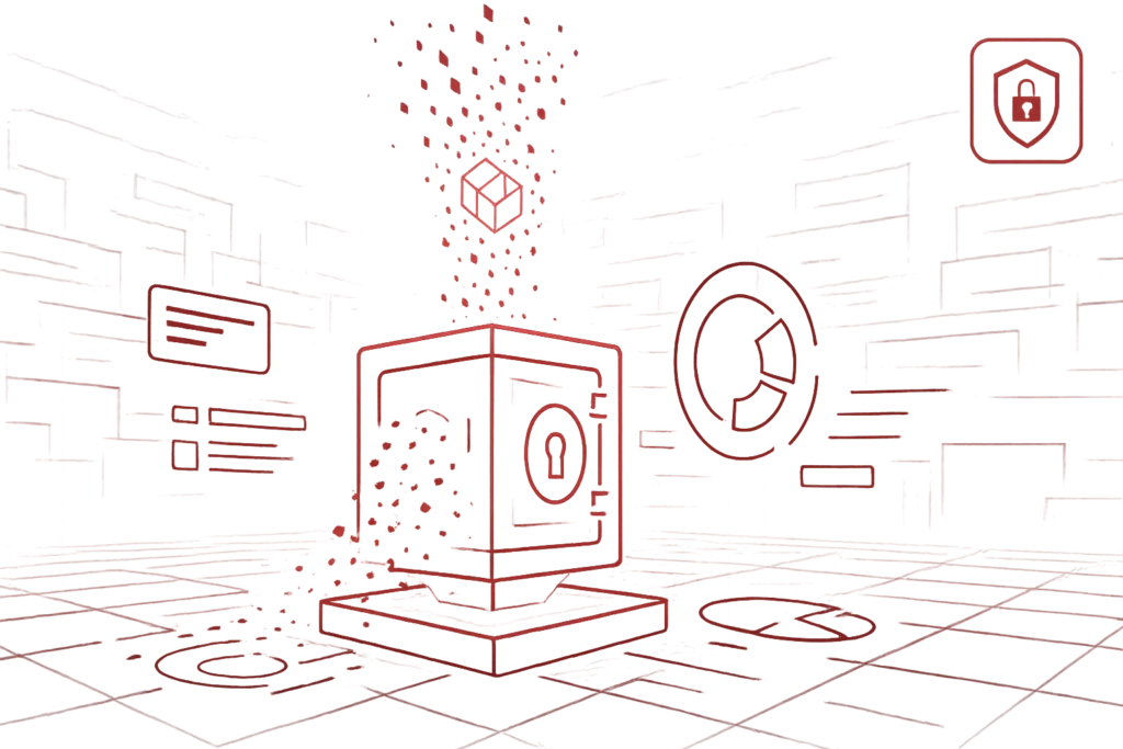 Rotes Cybersecurity-Motiv mit Tresor-Symbol, das verschlüsselte Daten und sicheren digitalen Speicher darstellt