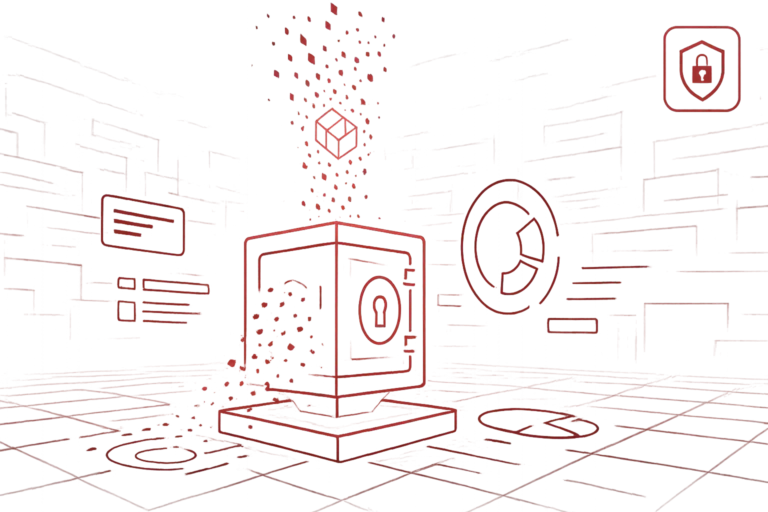 Rotes Cybersecurity-Motiv mit Tresor-Symbol, das verschlüsselte Daten und sicheren digitalen Speicher darstellt