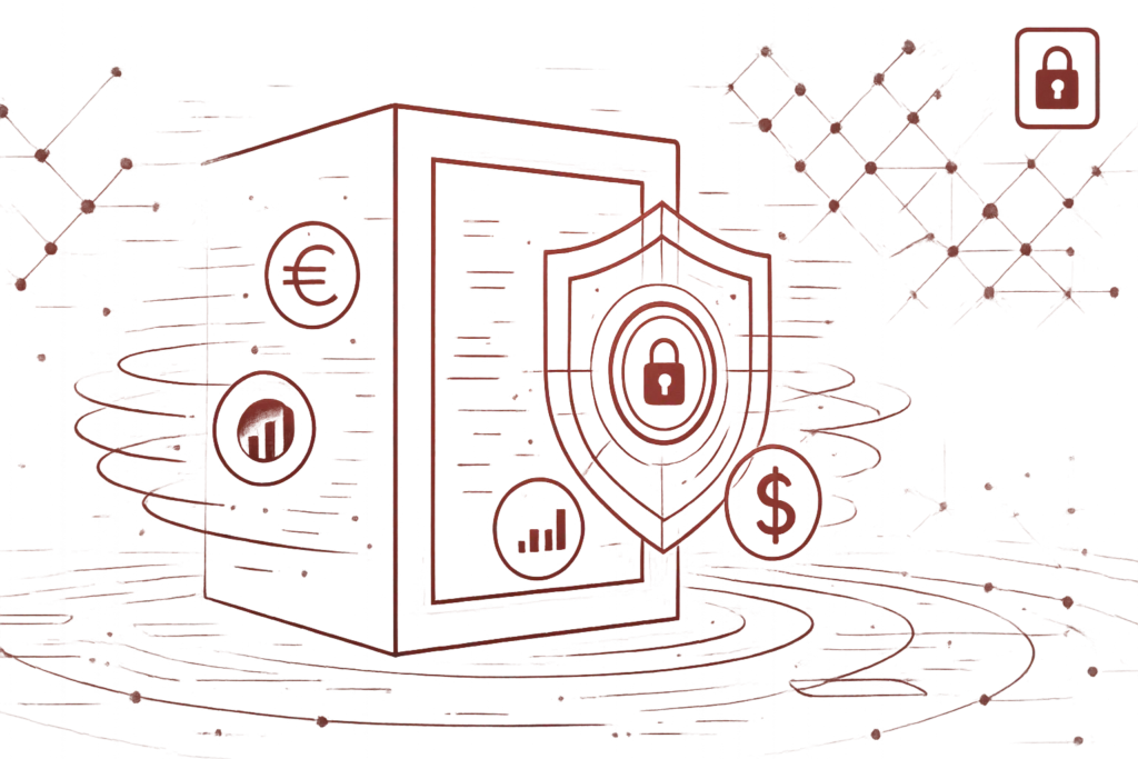 Rote Grafik mit Tresor, Schloss und Währungssymbolen, Symbol für Datenschutz und digitale Finanzsicherheit