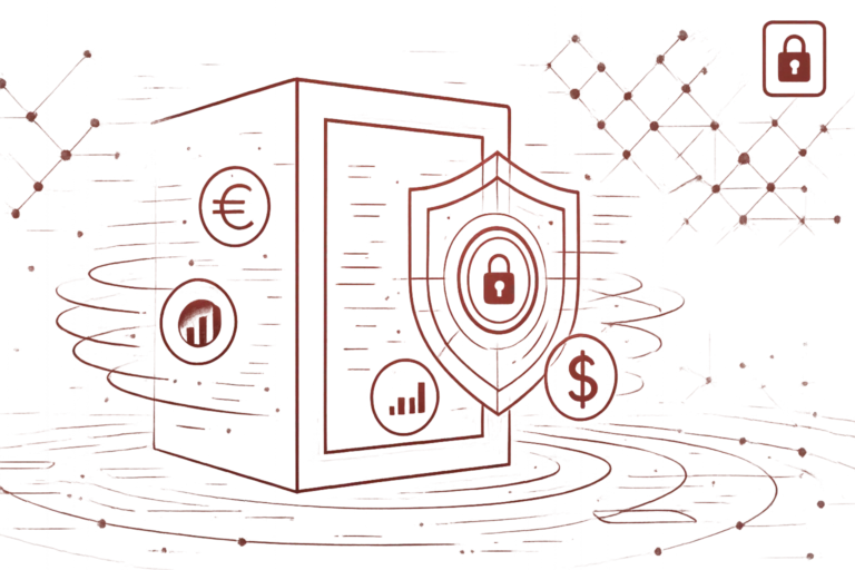 Rote Grafik mit Tresor, Schloss und Währungssymbolen, Symbol für Datenschutz und digitale Finanzsicherheit