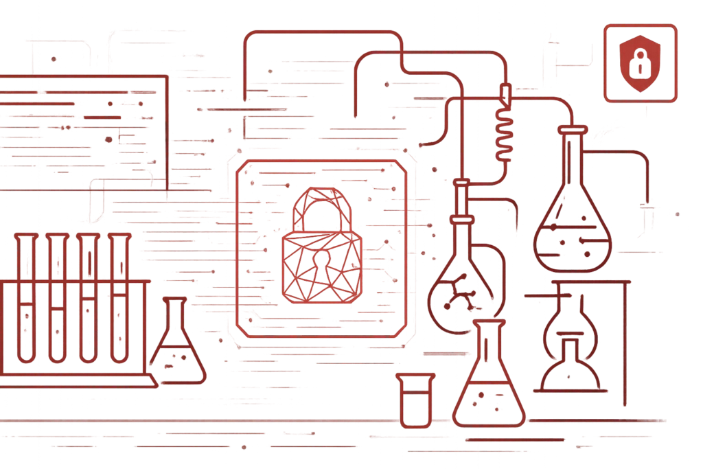 Rote Grafik mit chemischen Symbolen und digitalem Schloss, Symbol für IT-Schutz und Sicherheit von Labor- und Forschungsdaten